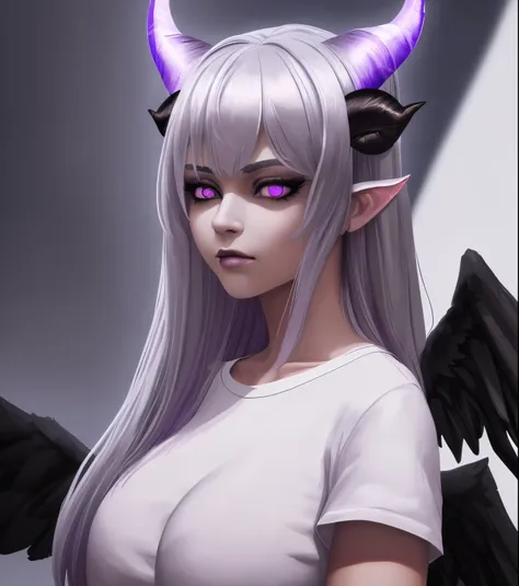 (a girl with bull horns, large wolf ears, black wings, violet eyes, silver hair, white t-shirt), oil painting, ultra-detailed, highres, photo-realistic, dark fantasy, vibrant colors, dramatic lighting.