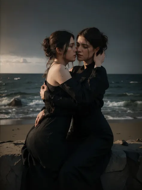 ((Jeremy Lipking style)) ((Nicola Samori style)) two very ugly sad sitting women, ((long black dress)), front, sky, sea, rocks, hair up, (oil on linen), (photo by nikon d800, 50mm zeiss
lens), spotlight, ((two women hugging))