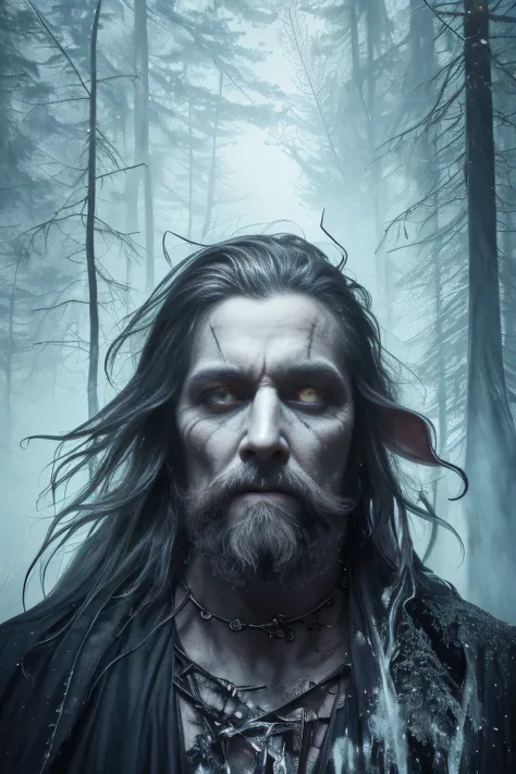 headshot of an old elf literally covered in ice, he stands in a frozen forest, his clothes are tattered, he has a long beard, his beard is frozen, his beard has icicles hanging from it, he has icicles hanging from his skin, his skin is a pale blue, his eye...