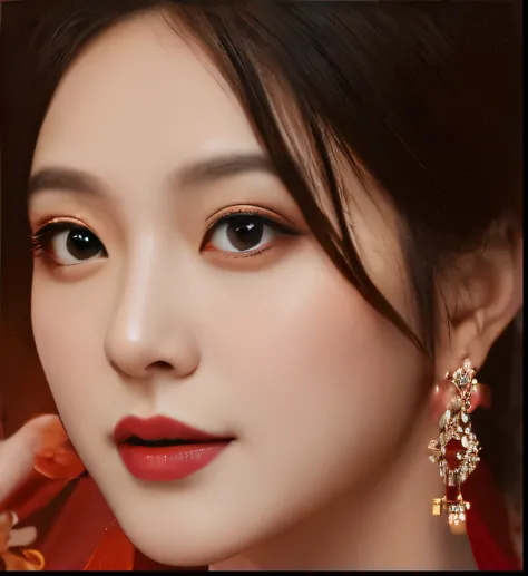 a close up of a woman wearing a red dress and earrings, popular south korean makeup, inspired by Huang Ji, inspired by Song Maojin, earring, yanjun chengt, popular korean makeup, sha xi, cai xukun, ruan jia beautiful!, gongbi, xianxia, chinese style, 中 元 节