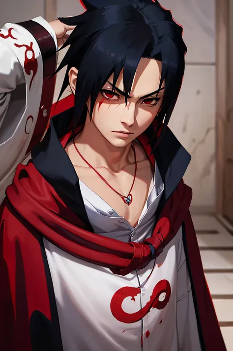 (masterpiece, best quality:1.2), red theme, cowboy shot, solo, male focus, 1boy, uchiha sasuke, expressionless, closed mouth, looking at viewer, ninja, cloak, high collar, jewelry, necklace