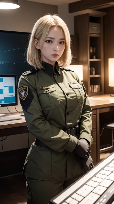 (hyper real)、超未来的なfemale soldier、Beautiful woman　High level image quality　High resolution　realistic　short hair　blonde、　blondeの女性、mature woman、middle-aged women、((big big tits)) ,,,,,,、Fine skin texture、超High resolution、realistic、Chubby body type、angry face...