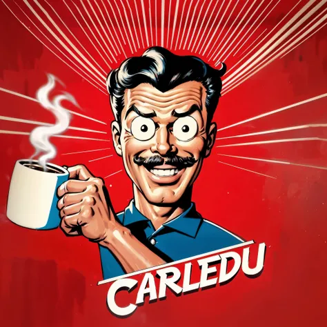 painting of a man holding a cup of coffee with a HAPPY AND ENERGIC expression on his face, portrait of morning coffee, h3h3, drinking a coffee, on a red background, drinking coffee, drinking a cup of coffee, drink more coffee, cartoonish and simplistic ret...