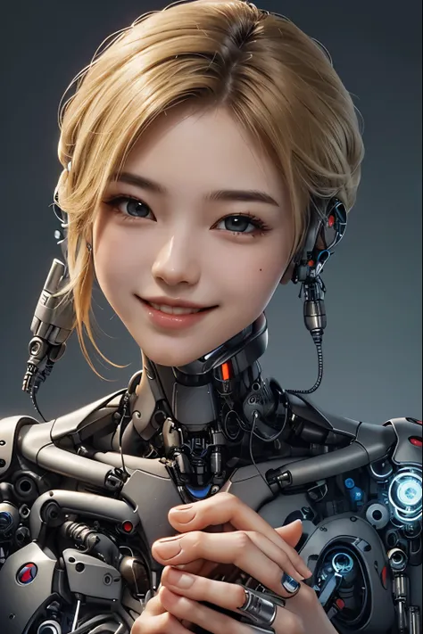 ((Perfectly beautiful woman))、(detailed mechanical body)、(((Human face and neck, cyborg body)))、smile、(((I can see all the way to my toes)))、Blonde shorthair