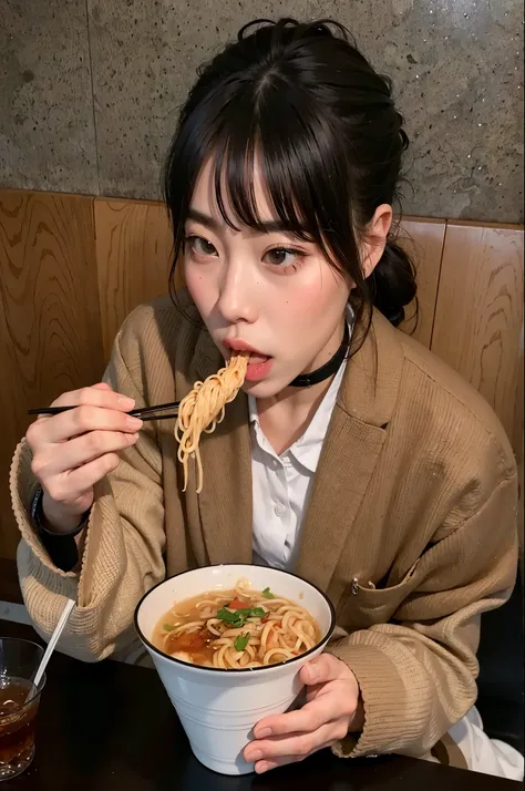 woman eating a bowl of noodles with chopsticks at a restaurant, eating noodles, eating ramen, mukbang, chiho, taehyung eating gucci fries, ❤🔥🍄🌪, shikamimi, eating, the hime cut, kim doyoung, taken in the early 2020s, miko, gongbi, harumi