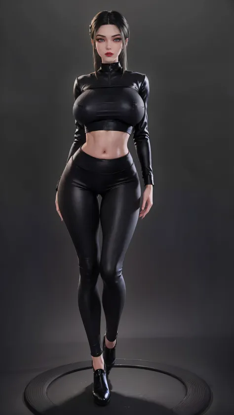 physically-based rendering, (girl alone:1.5), (slim body,huge fake breast:1.4), street city, slim waist, big buttocks, (Full body:1.3), standing, skintight black leggings, (wearing sexy uniform crop top:1.5).