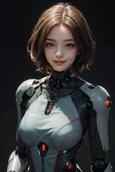 ((best quality)), ((masterpiece)), perfect face、((Female android body))、(The face is human)、(A beautifully designed robot with a supple body)、Science fiction、fantasy art、(((I can see the whole body)))、smile、short hair