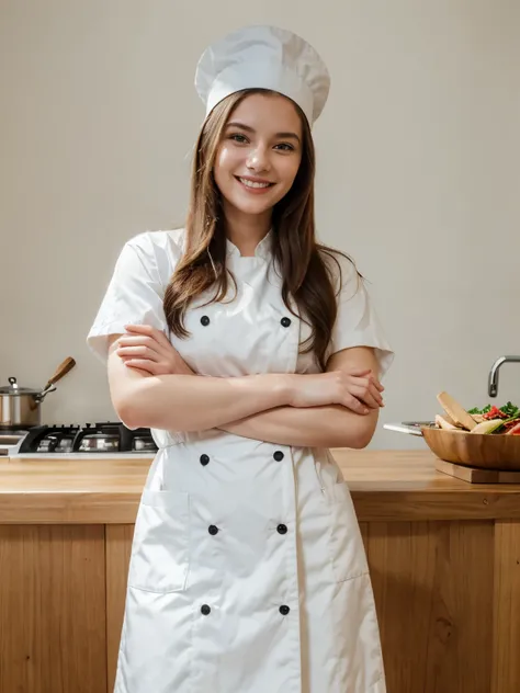 There is, Woman, 25, years old, smiling perfectly, 8k, wearing a chefs hat, chefs coat, with arms in detailed crossed shape, with a marketing pose, film grain, sunny white background