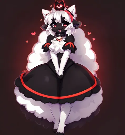 Furry female, (((eyeliner))), eyelashes, (((black eyeshadow))), ((female focus)), ((sheep (cult of the lamb)),,, (((black body and white fur))), (white hair), furry, cute fangs, cute, medium hair, furry, anime style, fluff, fluffy, thuft, disheveled, reali...