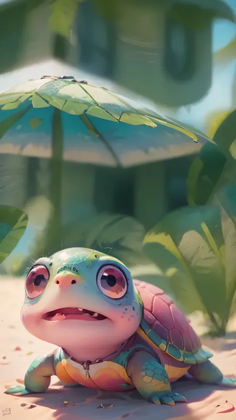 a cute turtle，seaside，beach上，front view，It opens its mouth，close up, Pixar style, best quality, stills, very cute, big eyes, beach,shell，Very happy，high details, high quality, masterpiece, ccurate, super detail，