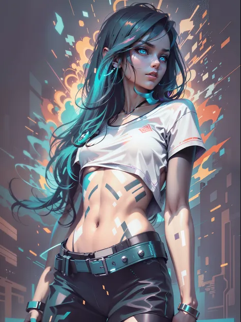 graphic design t-shirt, flat design, futuristic cyberpunk girl in mix of tones, topless,, sexy body, topless, flashing , big , metal skin, metal nipples, laser beams, purple emissive eyes, colorful tones, clean highly detailed, vector image, smoke explosio...