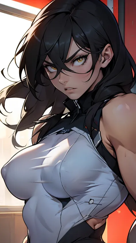 pale angry muscular girl thick breast black hair yellow eyes long hair hair between eyes