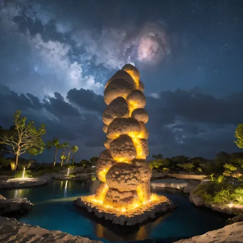 Octopus Man Hexagonal Base（Very detailed） In a hexagonal mountain oasis，There are several hexagonal exhaust fans and chimneys，some neon lights projecting from the base，light up the night），There are some clouds in the night sky，Some surrounding planets prov...