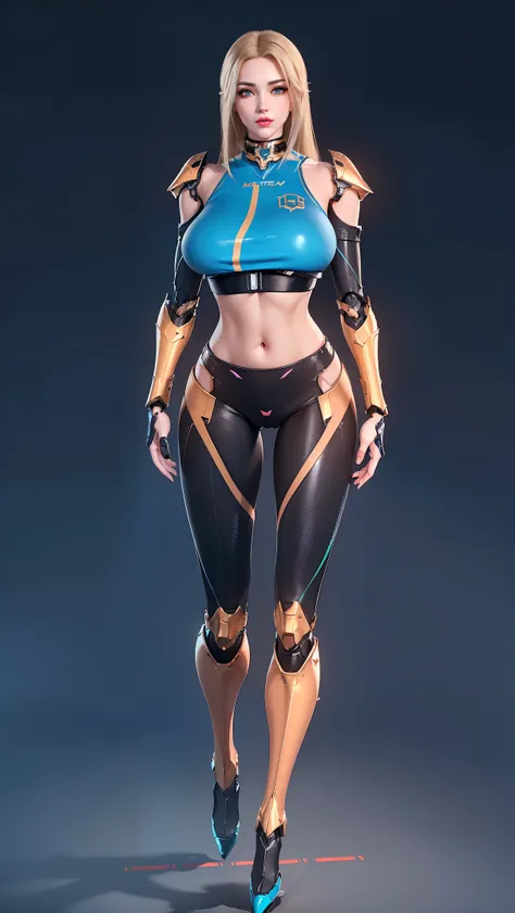 physically-based rendering, (girl alone:1.5), (muscular body,huge fake breast:1.4), street city, slim waist, big buttocks, (Full body:1.3), standing, skintight leggings, (wearing futuristic mecha armor full set crop top:1.5).