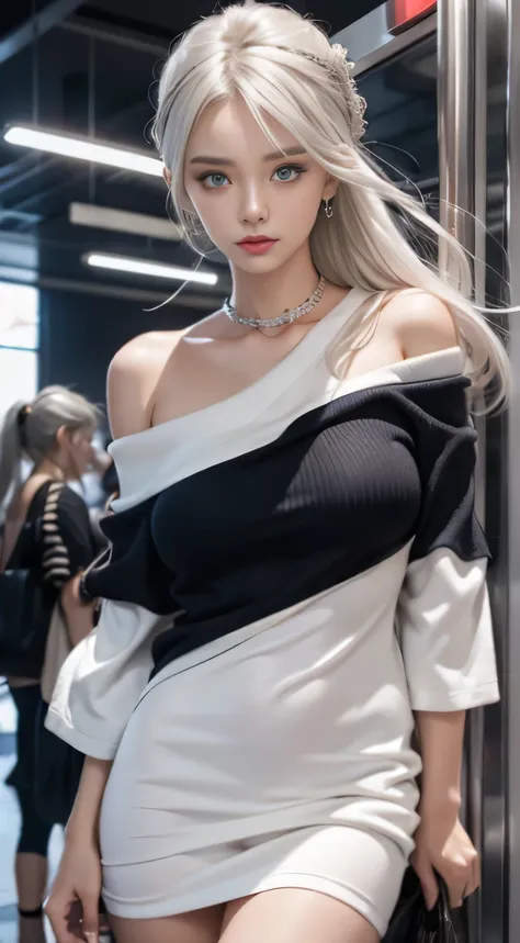 double whirlwind pattern design clothes，iris heterochromatic pupil，silver haired girl，free high resolution,off shoulder、