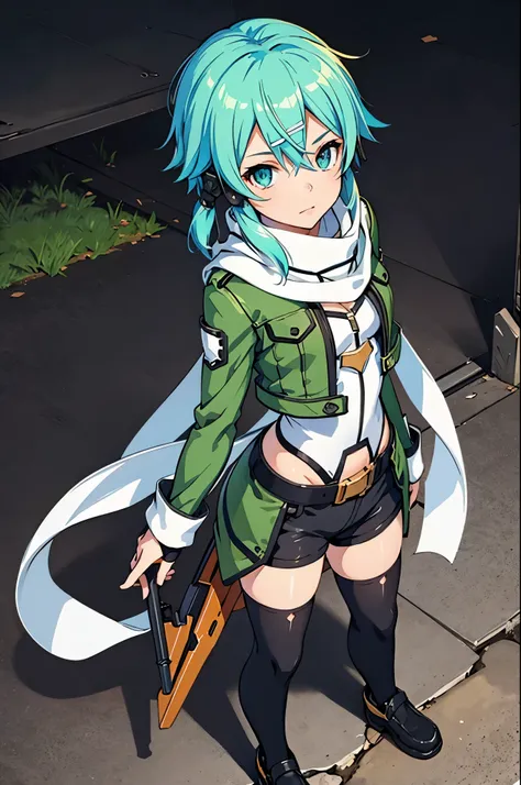 (masterpiece), best quality, expressive eyes, perfect face, highres, sinon1, scarf, fingerless gloves, long sleeves, short short...