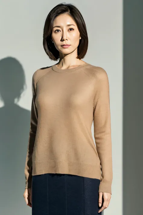 pale plain background,japanese mature, 25 years old, Beautiful woman, alone, Close your mouth and look straight ahead with a serious expression,  (((stand upright, facing the center of the screen.))), Sweater for tank top, skirt, High resolution, High leve...