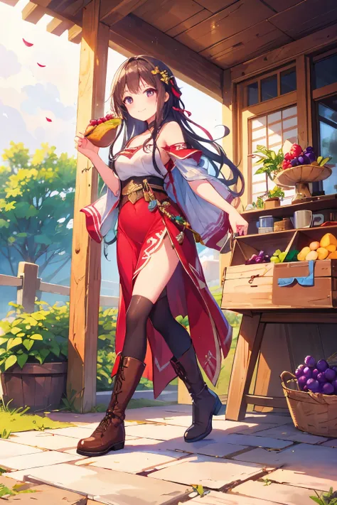 Octane Render、(Hyper-detailing: 1.15)、(Soft light、sharp: 1.2)、morning、Harvesting grapes, Enjoy grape picking、full body Esbian、Distinctive ethnic hair ornaments、Farm Boots、 Fuji Film, F/4.0, masutepiece, Anatomically correct、A smile, radiant light