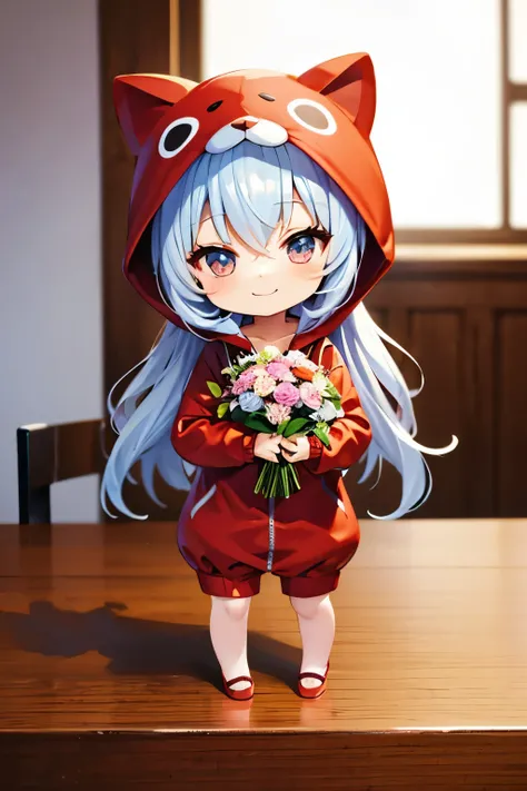 (Chibi:1.3), happy, (holding a bouquet), full body, (Kigurumi), indoors, on the table, (Nendoroid:1.1),