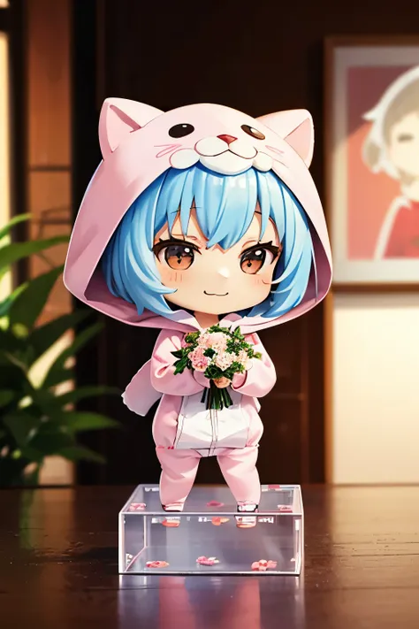 (Chibi:1.3), happy, (holding a bouquet), full body, (Kigurumi), indoors, on the table, (Nendoroid:1.1),