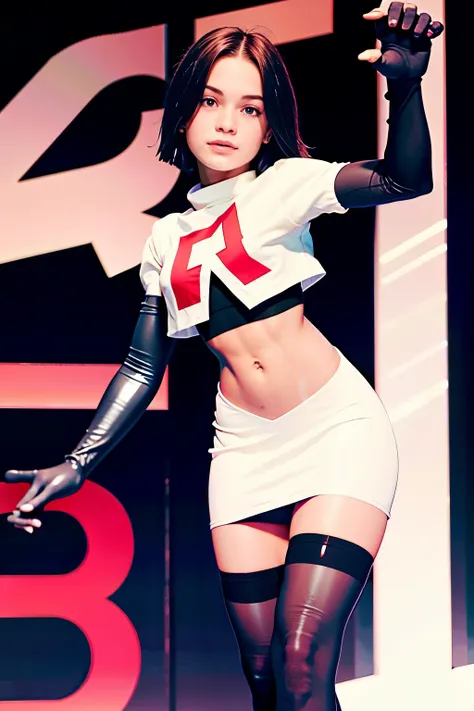 morganrosemoroney, a woman wearing team rocket,team rocket uniform,white skirt,red letter R,crop top,black thigh-highs,black elbow gloves,