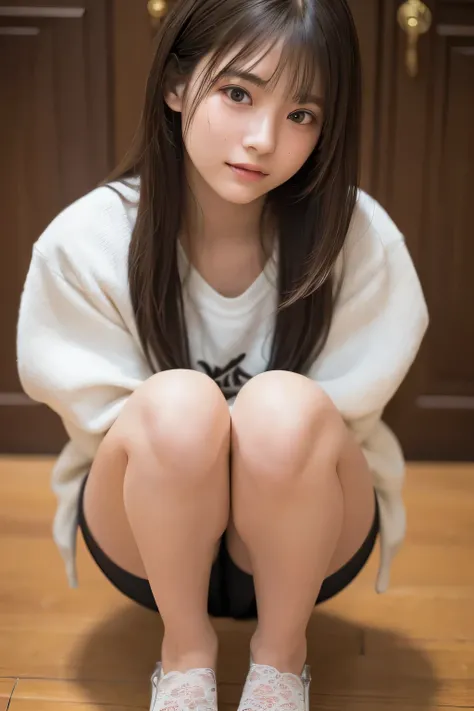 (happy expression:1.26)、RAW photo、(((Ultimate Beauty Full Body Shooting)))、((glowing skin))、1 girl、17-year-old beautiful girl in Prague、bright look、((brown hair))、Girl in sweatshirt、skirt、View from the floor、(long stockings or pantyhose)、(Upskirt)、legs ope...