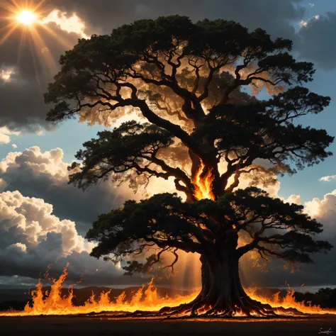 extremamente detalhada, realismo, dramatic scene, big tree growing towards the sky with beautiful clouds with sunbeam and its roots touching the hell full of fire.