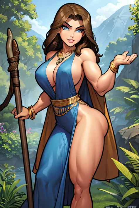 masterpiece, slender, brunette, tan, blue eyes, big boobs, blue tribal robe, jungle, large spear, necklace