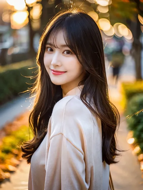 (cute beautiful girl, soft focus, best dynamic angle, sunset backlight effects, high aesthetic, best quality, masterpiece, extremely detailed:1.2), (SFW), BREAK, girl has healthy skin and pretty smiling beauty neat face and glossy lips and silky bobbed sof...