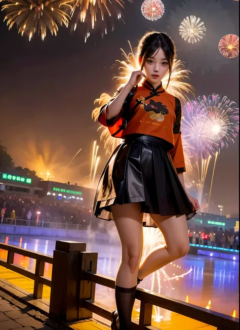 a girl(two dimensions,sexy),black eyes,black hair,miniskirt,whole body,celebrating the spring festival on the chinese-style stre...