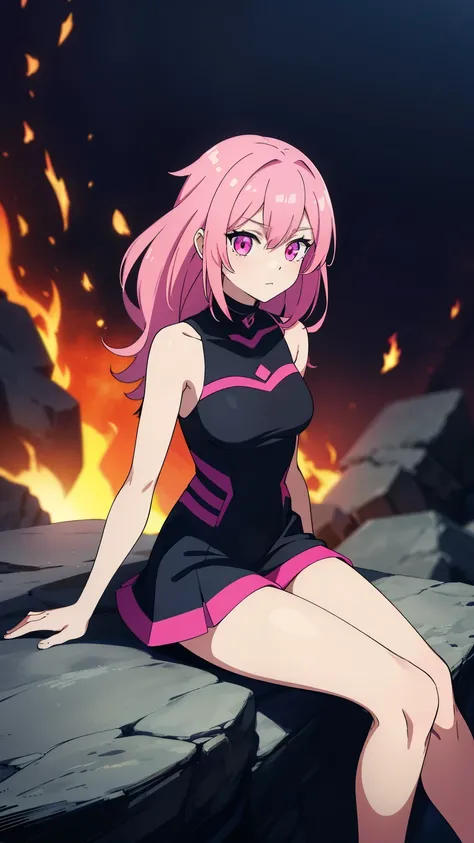 anime girl with pink hair and black dress sitting on a rock, vibrant fan art, loish art style, her hair is made out of fire, loish, colorful and dark, inspired by INO, neon and dark, inspired by loish, speedpaint, glowing hair, pink eyes, happy expression
