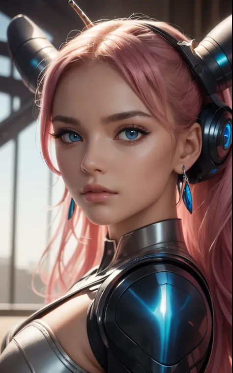 A beautiful female android robot thinking, herb ritts style, 50s style, colored, perfect light-pink iris, identical size and shape eyes and pupils, antennae earrings,