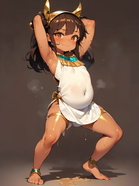 tiny toes, fullbody, open legs,, (belly dance), smile, (big ancient Egyptian accessories, apron), (armpits), ((brown girl)), (((1girl))), (ultra tiny child, side by side, female child:1.25, loli), infant body shape, (sweaty:1.5), (shiny body:1.4), very cut...