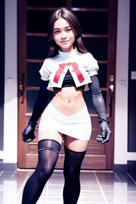 morganrosemoroney, a woman wearing team rocket,team rocket uniform,white skirt,red letter R,crop top,black thigh-highs,black elbow gloves,