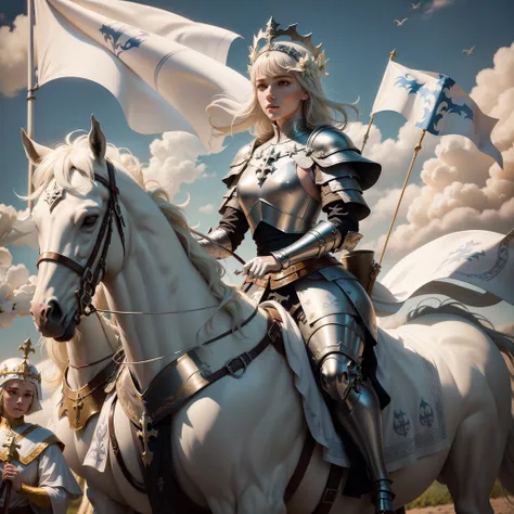 joan of arc, medieval france, riding a beautiful white horse, horse ins rearing, petite and lean, armor with a white surcoat and...