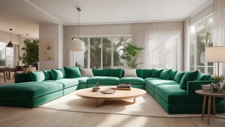 ((best quality)), ((masterpiece)), (detailed), perfect face, hyper ultra realistic photographs full body of A sun-drenched living room with a plush, velvet sofa in a vibrant emerald green, nestled against a backdrop of crisp white walls and light wood furn...