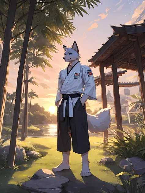 arctic fox,light blue eyes,Realistic eye detail,Have well-proportioned muscles,Wear a karate uniform,Practicing karate under the bamboo tree,Shirt soaked with sweat1.5,Evening,beautiful sunset