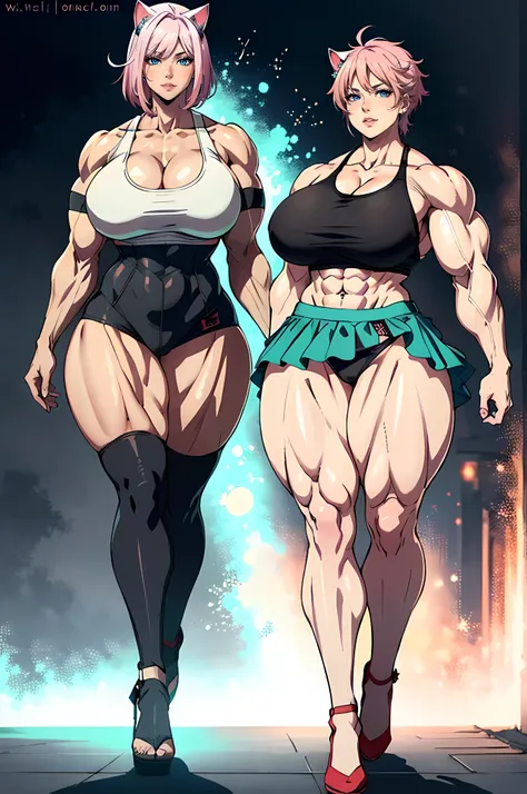 ((mature adult tall woman, mature_face)), (glowing aqua eyes), aqua cat ears, (super narrow waist), gradient (pink hair), (((accurate anatomy))), ((wide hips)), (((Huge breasts))), ((long legs)), ((Female Bodybuilder)), ((((Muscular Legs)))), ((((Huge Musc...