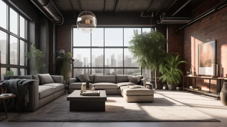 ((best quality)), ((masterpiece)), (detailed), perfect face, hyper ultra realistic photographs full body of A loft apartment with a sleek, minimalist sofa in a charcoal grey, positioned against a backdrop of exposed brick walls and soaring ceilings. Large ...