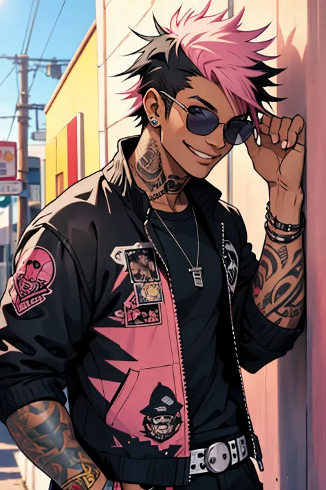 black young man, punk clothes, cool sun glasses, punk hair, black hair, pink hair, piercings, tattoo, smile