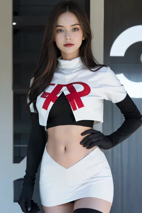 epic realistic, kristinapimenova,  18yo women wearing wearing team rocket,team rocket uniform,white skirt,red letter R,crop top,black thigh-highs,black elbow gloves,