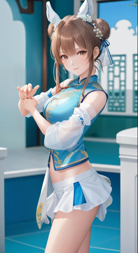 paichang, blue ribbon ponytail, brown eyes, double bun,bright hair,kungfu pose standing, alone , ,  combat readiness, 
paiati,wh...