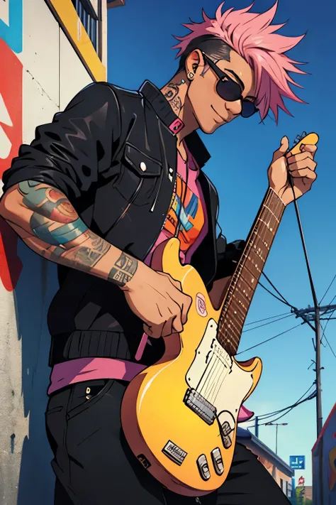 Black young man, punk clothes, cool sun glasses, punk hair, black hair, pink hair, piercings, tattoo, smile, guitar