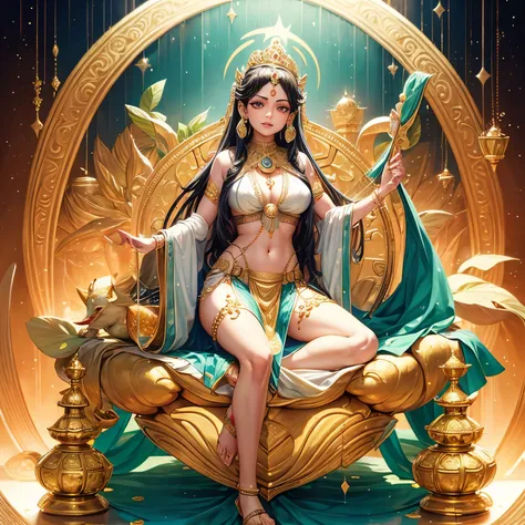 laxmi the goddess of wealth, sitting on lotus throne, full of gold environment, money and diamond everywhere, rain of golden coin. perfect anatomy, perfect eksperssion, super HD, ultra realistic