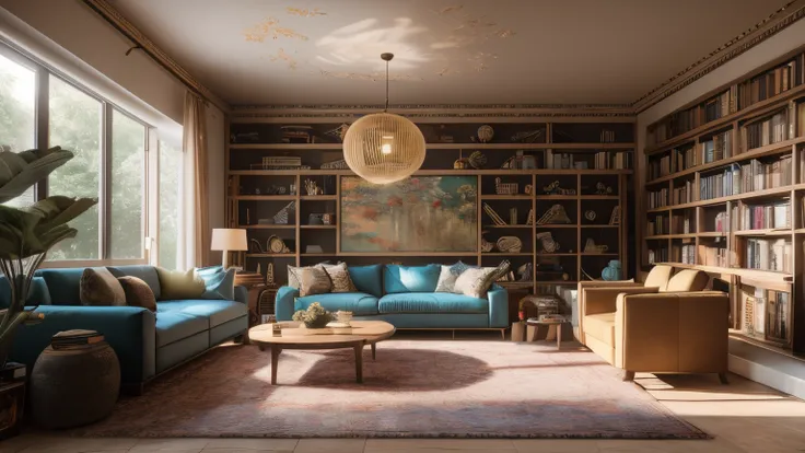 ((best quality)), ((masterpiece)), (detailed), perfect face, hyper ultra realistic photographs full body of An eclectic living room with a vintage patchwork sofa, its cushions adorned with a kaleidoscope of colors and patterns. Mismatched furniture, handcr...