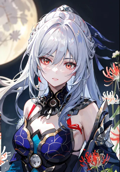 (best quality,4k,highres),ultra-detailed,realistic,portrait of (a woman,a lady) with silver hair swinging her sword, surrounded by a field of blooming red spider lily, Night, Full Moon