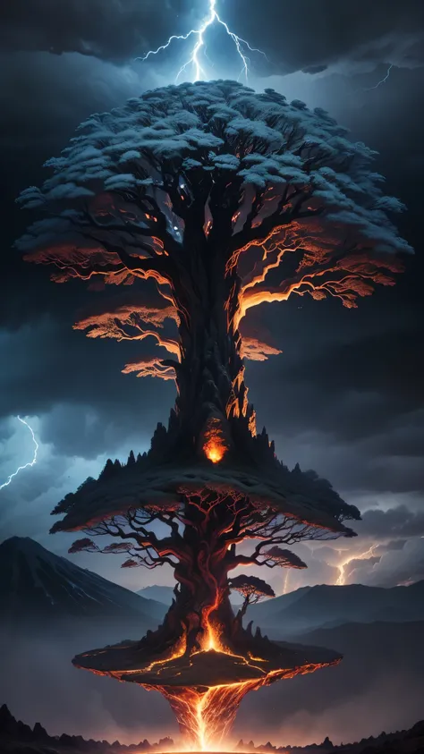 Igdrasil World Tree，To your left is the volcanic and magma，To your right are glaciers and blizzards，The sky is filled with dark clouds and lightning，Uma luz dourada penetrou nas nuvens e brilhou em seu tronco