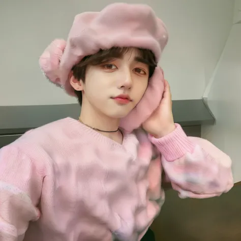 Arafed woman wearing a pink sweater and a pink hat, cai xukun, Jinyoung Shin, pintar ulzzang, kim doyoung, ulzzang, hong junio hyung, ruan lindo vtuber, Jung Jaehyun, pale korean adorable face, hyung tae, sakimichan, yanjun chengt, jaeyeon nam, jungkook, b...