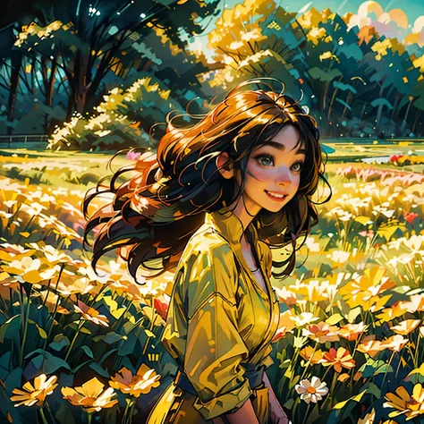 shui001,Masterpiece: 1.2, best quality, 1girl, field of daisy, vibrant, (happy:1.4),colorful details,ultra detailed,detailed lighting,((inspired by Hayao Miyazaki)),official art, wearing yellow jumpsuit with black stripes, big smile