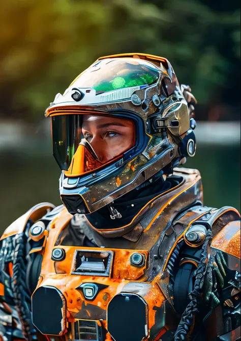 Portrait photo of transparent camo worn mech suit, ((light bokeh)), intricate, ((translucent) liquid water [rust]), elegant, sharp focus, photo by greg rutkowski, soft lighting, vibrant colors, masterpiece, ((streets)), detailed face